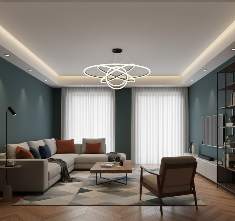 Двухуровневый с люстрой в гостиной