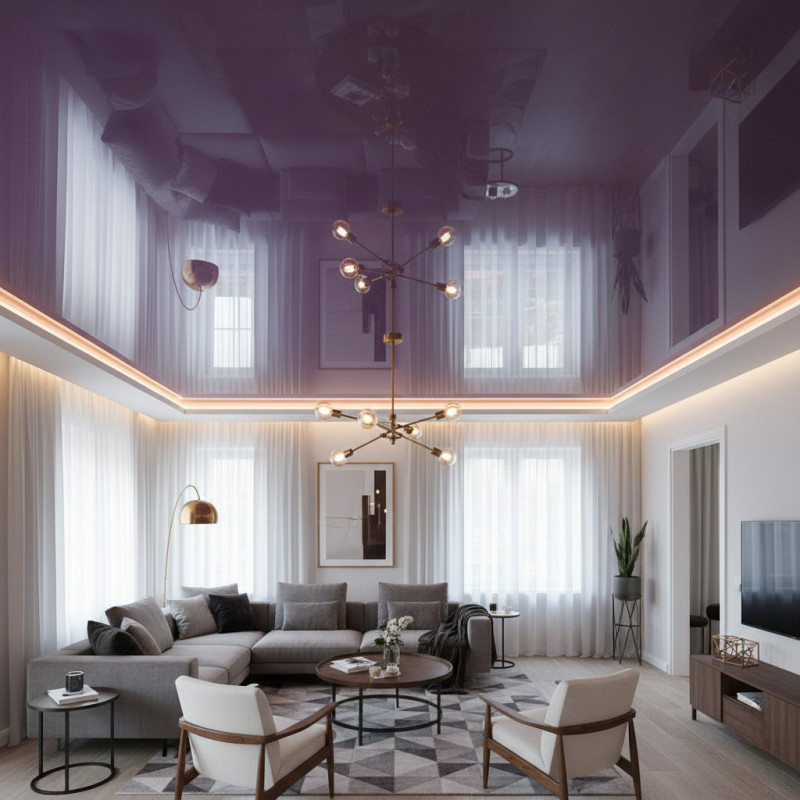 Сиреневый глянец с подсветкой и люстрой