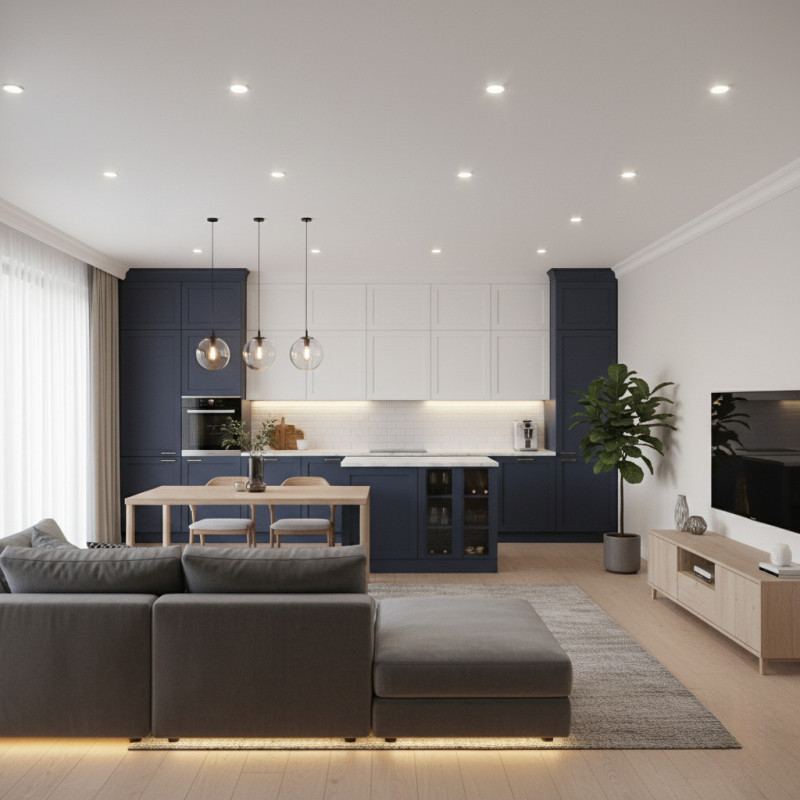 Матовый с точечными светильниками и навесными на кухне