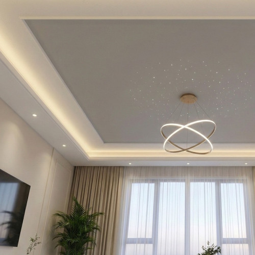 Монтаж двухуровневого натяжного потолка с подсветкой по периметру и &ldquo;Звёздным небом&rdquo; в зале