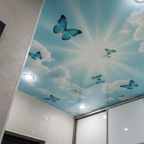 Монтаж глянцевого натяжного потолка с фотопечатью &laquo;Небо и бабочки&raquo; в прихожей