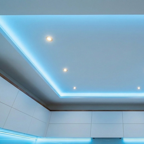 Монтаж парящего двухуровневого натяжного потолка с подсветкой на кухне