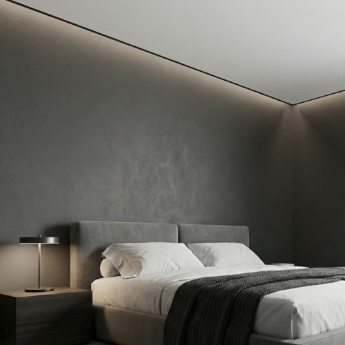 Монтаж матового потолка с теневым примыканием и подсветкой