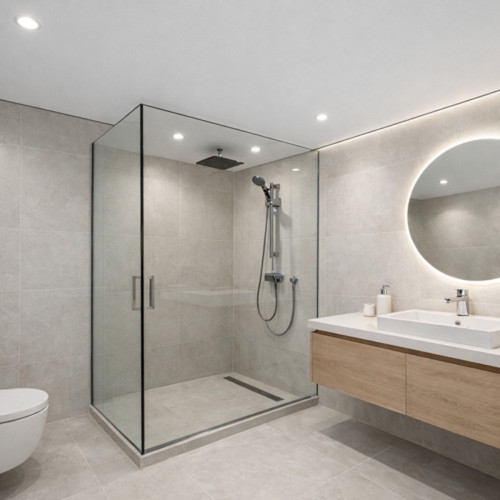 Белый парящий влагостойкий потолок в ванной комнате