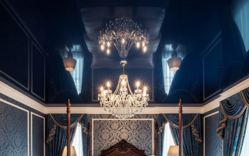 Синий глянец с люстрой в спальне