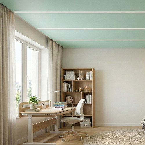 Цветной натяжной потолок со световыми линиями в детской