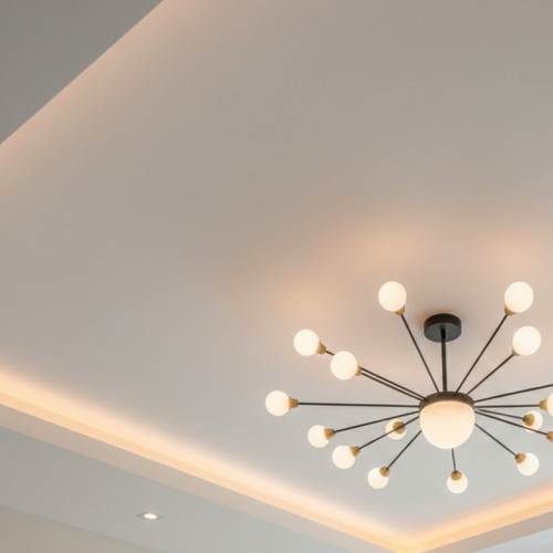 Монтаж многоуровневого матового потолка с нишей под подсветку в спальне