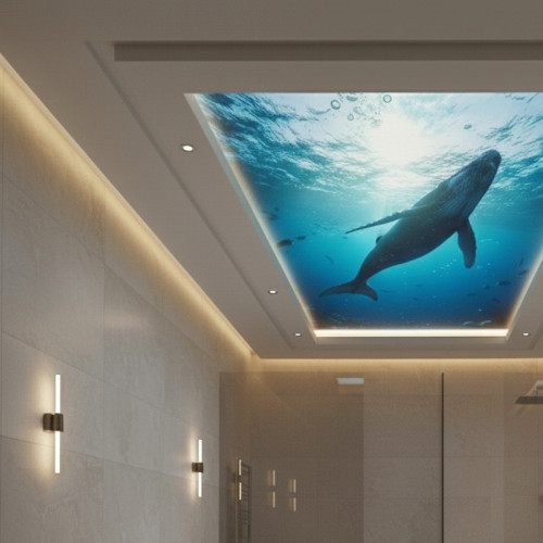 Монтаж натяжного потолка с фотопечатью и подсветкой в ванной комнате