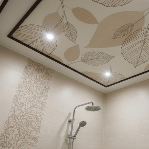 Монтаж натяжного потолка с фотопечатью в ванной комнате